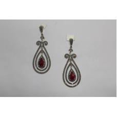 925 Sterling Silver Chandelier Earrings Marcasite & Red Stone Length 3 Inches